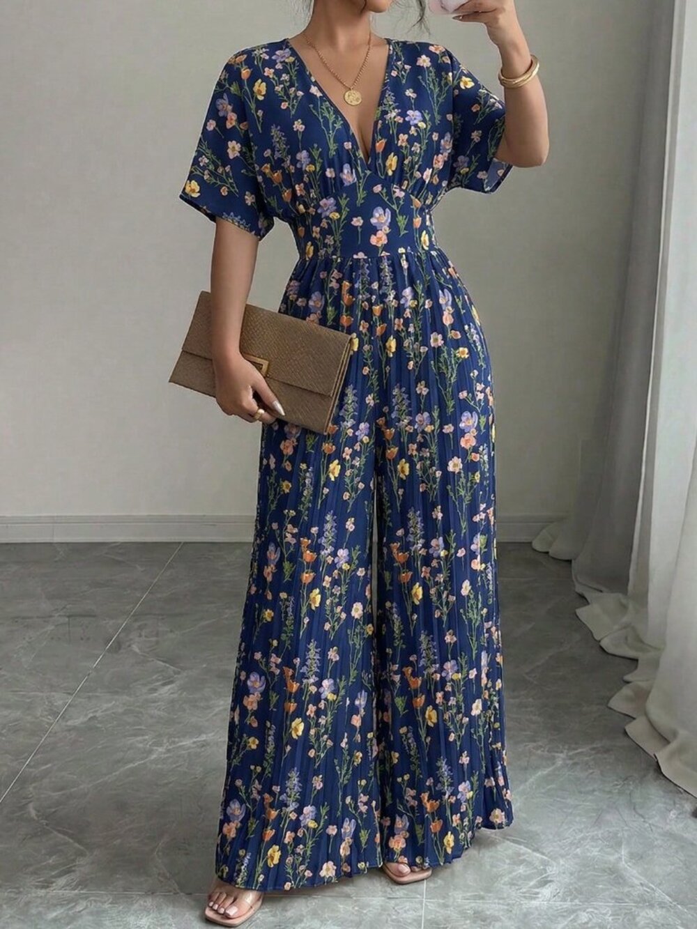 Navy Blue Boho Women's Printed Deep V-Neck Batwing Sleeve Pleated Jumpsuit